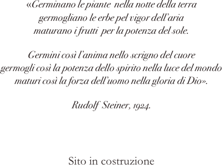 
«Germinano le piante  nella notte della terra
germogliano le erbe pel vigor dell’aria
maturano i frutti  per la potenza del sole.
Germini così l’anima nello scrigno del cuore
germogli così la potenza dello spirito nella luce del mondo
maturi così la forza dell’uomo nella gloria di Dio».
Rudolf  Steiner, 1924.



Sito in costruzione
